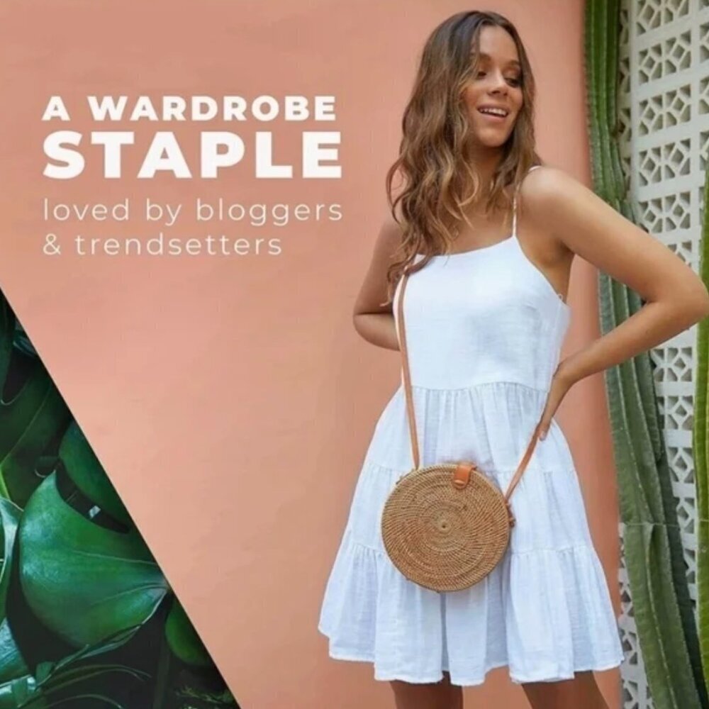 Round Circle Straw Bag Floral Fabric Liner Leather Strap Shoulder